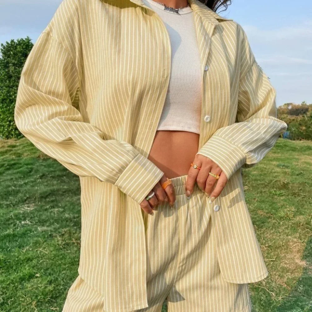 YELLOW STRIPED BLOUSE AND SHORTS SET SUMMER STREETWEAR - Picture 3 of 7